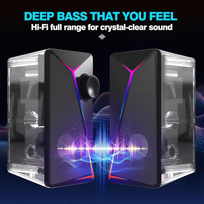 Computer Speakers for Desktop PC USB-Powered Gaming Speakers for Laptop – Multi Colorful LED Backlight Modes Stereo Sound for Gamers Music Movies Indoor &amp Outdoor Use 3.5mm AUX Cable