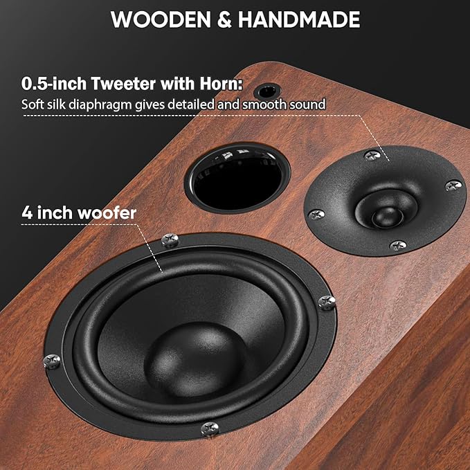 Saiyin Bluetooth Bookshelf Speakers 40W X 2 Powered TV Speakers with 4 Inch Woofer Turntable Speakers with Optical/AUX Input/Subwoofer Line Out for PC and TVs