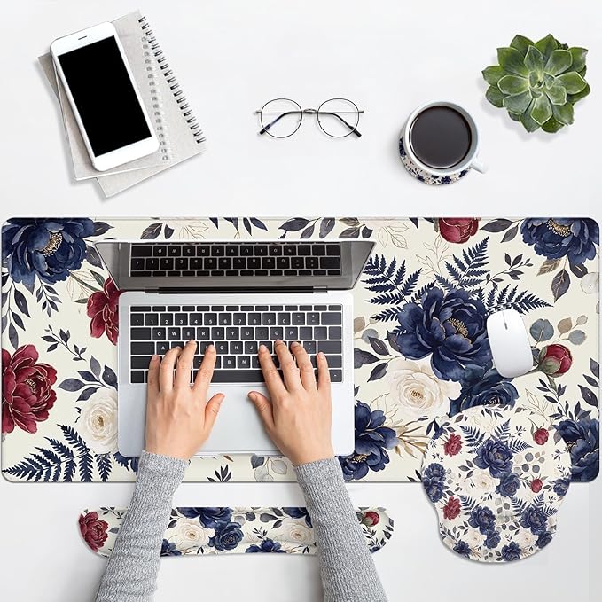 Britimes Navy Blue Florals Keyboard Mouse Pad Set Red Peony Florals Boho 4in1 Large Mousepad+Keyboard Wrist Rest+Mouse Wrist Rest+Coaster Ergonomic Design for Home Office Computer 35.4x15.7 inches