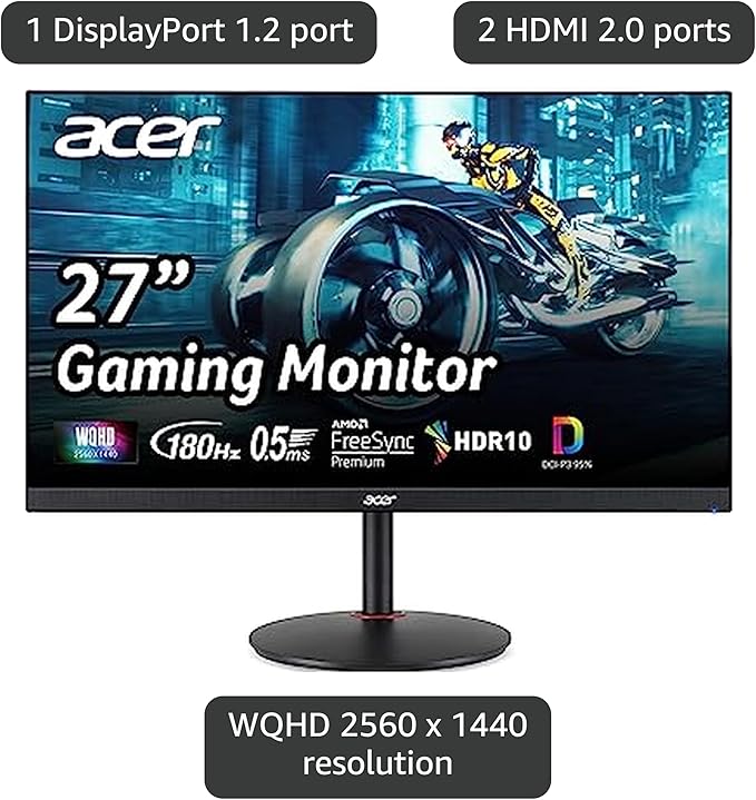 Acer Nitro 27 WQHD 2560 x 1440 PC Gaming IPS Monitor | AMD FreeSync Premium Up to 180Hz Refresh 0.5ms DCI-P3 95% 1 Display Port 1.2 &amp 2 HDMI 2.0 XV271U M3bmiiprxBlack (Renewed)