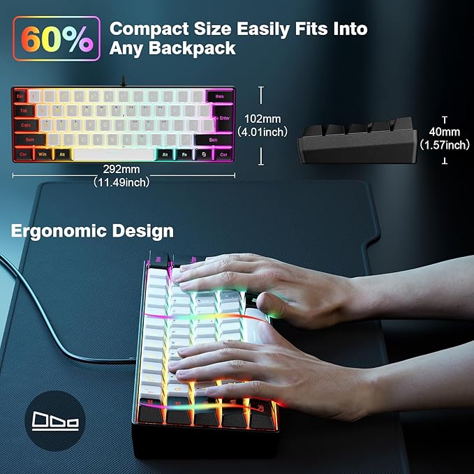 Snpurdiri 60% Wired Gaming Keyboard 61 Keys RGB Backlit Ultra-Compact Small Gaming Keyboard for PC/Mac Gamer Typist Travel Easy to Carry on Business Trip(Black-White)