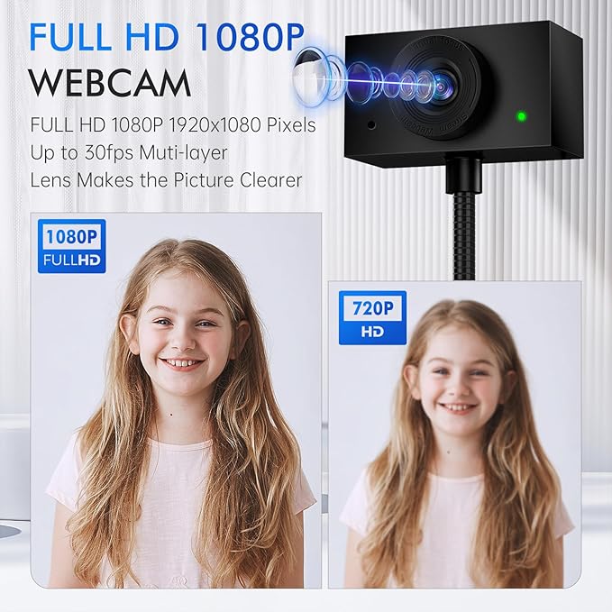 Webcam for PC Laptop Camera USB Webcam with Adjustable Gooseneck Flexible Positioning 1080P Computer Camera for Presentation Desktop Demo Full-Body View Video Call Zoom Teams Skype (Black)
