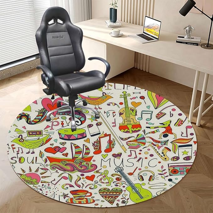Multicolor PU Leather Office Chair Mat for Hardwood Floor 70s Party Peace Sign Under Desk Low-Pile Office Rug Large Anti-Slip Multi-Purpose Colorful Diameter 47.2 in