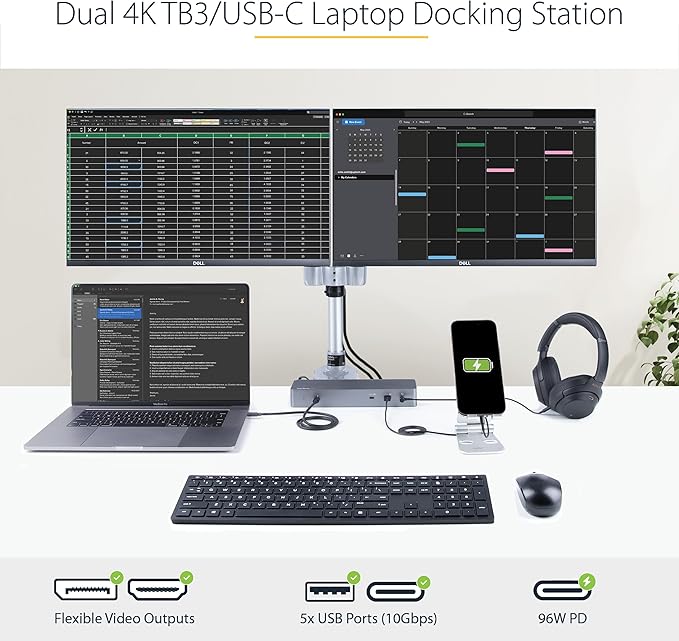 StarTech.com USB C Docking Station for MacBook Pro/Air-M1/M2/M3/M4 Dual 4K 60Hz/Single 8K Thunderbolt Compatible HDMI/DisplayPort 10Gbps USB Type-C Laptop Dock 96W Power Delivery (TB3CDK2DH)