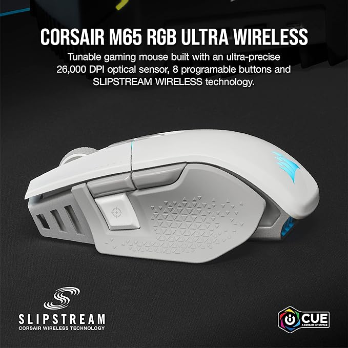 Corsair M65 RGB Ultra Wireless Tunable FPS Wireless Gaming Mouse - Sub-1ms Slipstream Wireless Technology 26000 DPI Optical Sensor Up to 120 Hours of Battery Life 8 Programmable Buttons - White