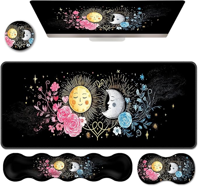 Ergonomic Keyboard Wrist Rest &amp Mouse Pad Wrist Rest SetXL Gaming Desk Mat 31.5x 11.8Non-Slip BaseMemory FoamEasy Typing Pain Relief for Office &amp HomeSun and Moon