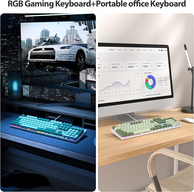 surmen Sage Green Mechanical Gaming Keyboard– 104 Key Full Size Wired Keyboard with Number Pad Thocky &amp Creamy Sound RGB Backlit Anti-Ghosting – Quiet Red Switch for PC Gamers &amp Typists (104