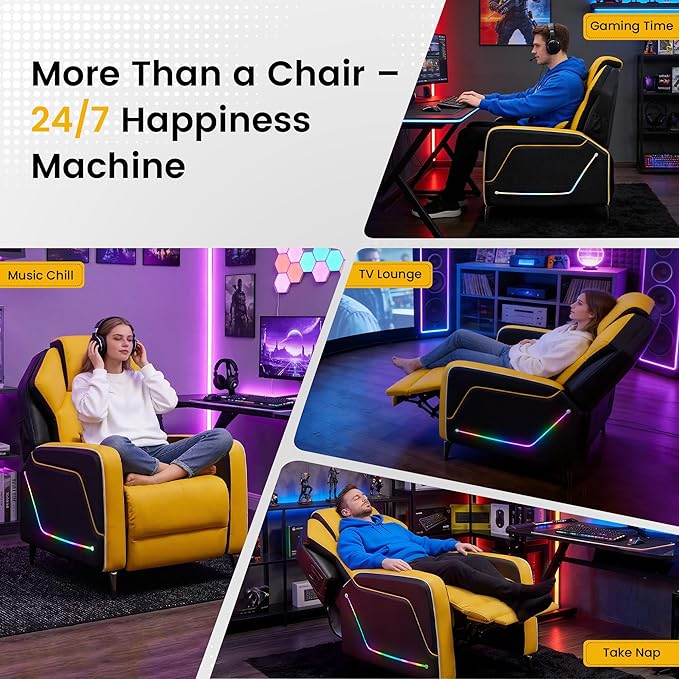 SAMERY Gaming Recliner Chair Push-Back Reclining Gaming Chair with Extended Footrest LED Light Pockets Lumbar Pillow Modern Ergonomic Recliner Sofa for Game Room Living Room (Yellow Recliner)