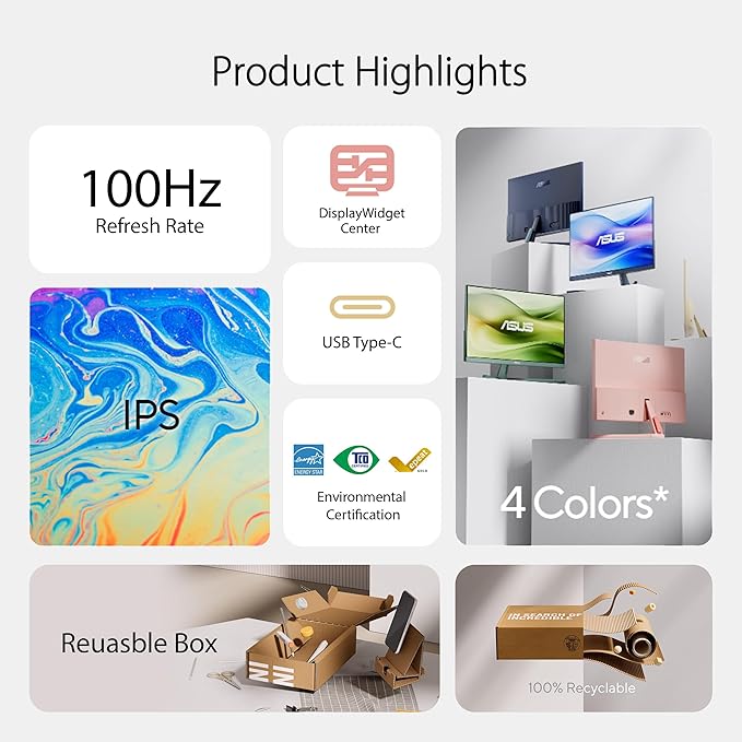 ASUS 24” 1080P Eye Care Monitor (VU249CFE-B) - Full HD IPS 100Hz Adaptive-Sync USB-C Ambient Light Sensor Height Adjustable Cable Clip EyeCare+ Technology 3 Year Warranty Quiet Blue Color