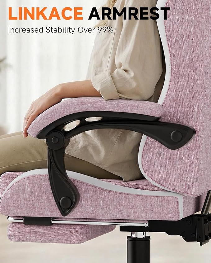 GTPLAYER Gaming Chair with Footrest Computer Gaming Chair for Adults and Kids Height Adjustable Gamer Chair with 90-155° Recline &amp Removable Headrest Lumbar SupportLinen Fabric Pink