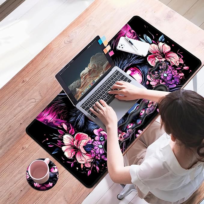 Mouse PadLarge Desk Mat Set 4in1 XL Mousepad + Keyboard Wrist Rest+Mouse Wrist Rest+Coaster with Ergonomic Desk Pad for Home Office Table Computer Cover -Cat with Pink Eyes and Flowers