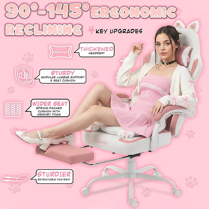 Dowinx Gaming Chair with Cat Ears and Paw Lumbar Pillow Ergonomic Reclining Chair Memory Foam and Spring Cushion Footrest 300lbs Capacity Cute and Comfortable Design for Women &amp Girls