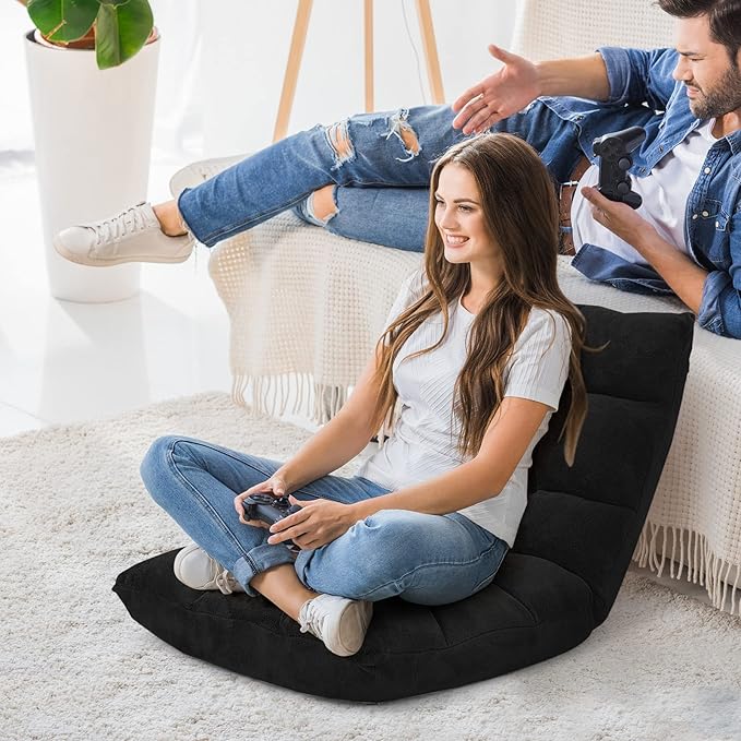 COSTWAY Adjustable Gaming Chair Video Gaming Chairs with Back Support Alloy Steel Frame Soft Coral Fleece Lazy Sofa Lounge for Reading Living Room Recliner for Adults Kids Black