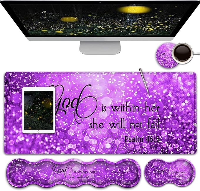 Gaming Mouse PadLarge Mouse Pad with Stitched EdgeNon-Slip Base Office Desk Pad Ergonomic Keyboard Wrist Rest SetWaterproof Writing PadPsalm 46:5 Purple Glitter Pattern Extended XXL Desk Mat