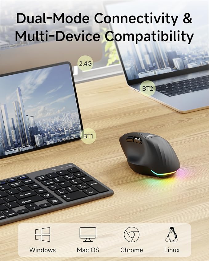 C2 Ergonomic Wireless Mouse RGB Rechargeable Ergonomic Bluetooth Mouses 2.4G with 4000 DPI Optical Tracking 5 Adjustable DPI Quiet Clicks Computer Mouse for Laptop PC Desktop - Black