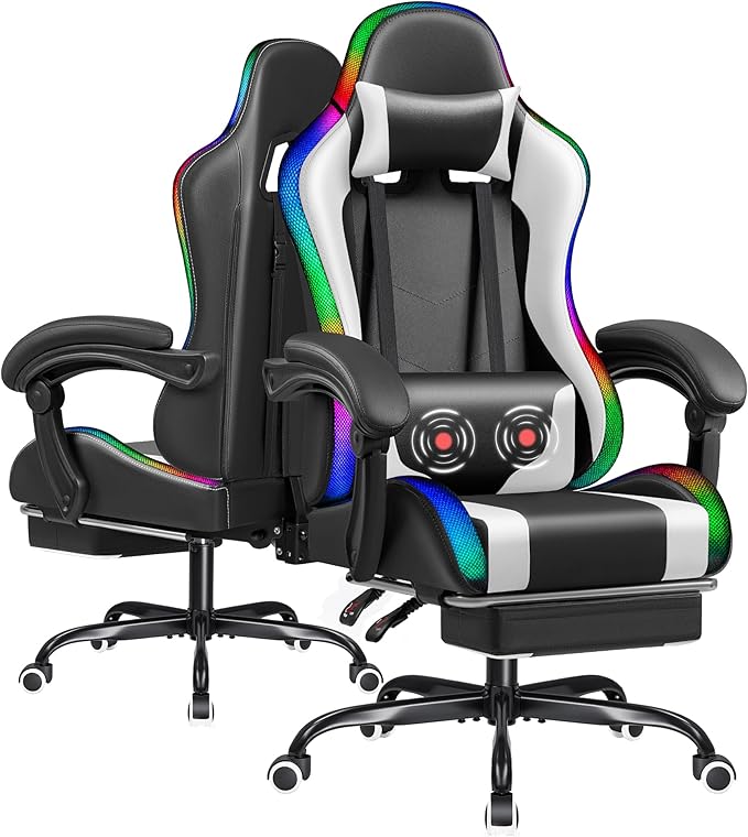 Furmax Gaming Chair with RGB LED Lights Video Game Chair with Footrest and Massage Lumbar Support High Back Reclining Computer Chair with Headrest Swivel Seat Gamer Chair (LED White)