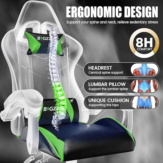 Bigzzia Gaming Chair Computer Game Chair with Lumbar Support Comfortable Video Game Chairs for Adults Kids Racing Style Gamer Chair with 360°-Swivel Seat and Headrest