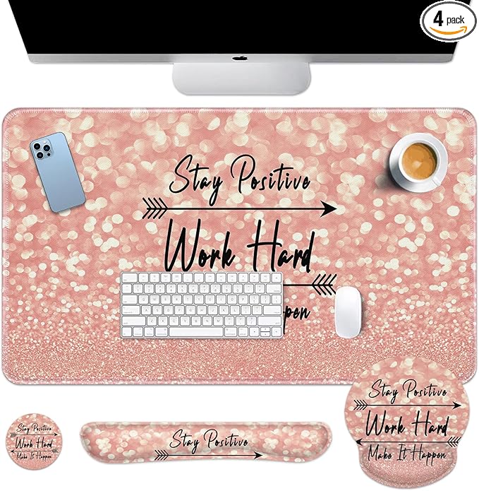 Arttown Desk Mat Rose Gold Pink Mouse Pad Set with Wrist Support 4-in-1 Large Mousepad+Keyboard Wrist Rest+Mouse Wrist Rest+Coaster with Ergonomic Design Non-Slip Mat for Office Home Decor