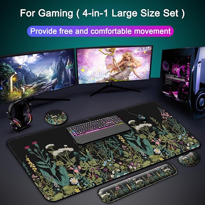 Keyboard Wrist Rest + Mouse Pad with Wrist Support + Desk Mat + Coaster 4 in 1 Set XXL Large Gaming Mousepad Cute Ergonomic Mouse Pads for Desk Computer Laptop Office Decor-Little Flowers