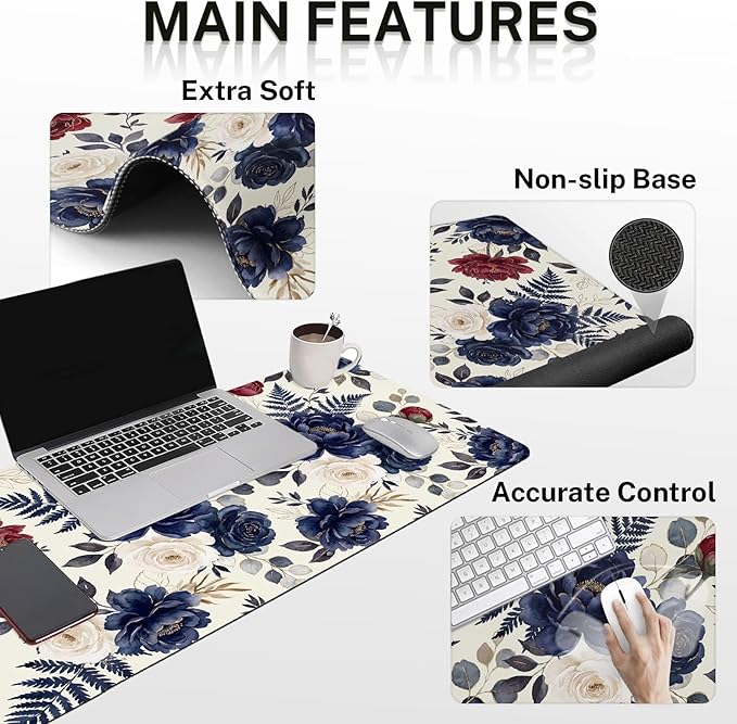 Britimes Navy Blue Florals Keyboard Mouse Pad Set Red Peony Florals Boho 4in1 Large Mousepad+Keyboard Wrist Rest+Mouse Wrist Rest+Coaster Ergonomic Design for Home Office Computer 35.4x15.7 inches