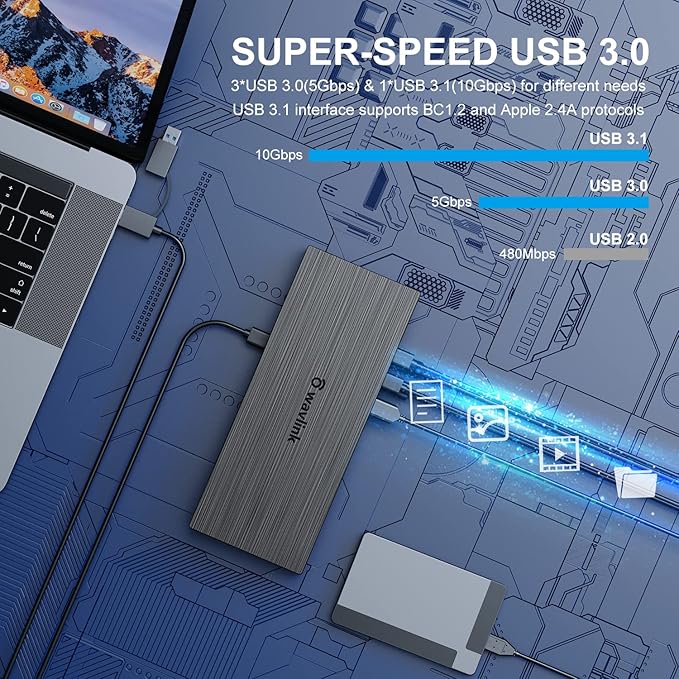 WAVLINK DisplayLink Laptop Docking Station - Quad Monitor 5K/4K@60Hz 100W Charging - Thunderbolt 4/3 USB-C/A - M1-M5 Mac/Windows/Chrome/Ubuntu - 4 HDMI 4 DP 180W Power SD 4.0 CR 2.5Gbps LAN