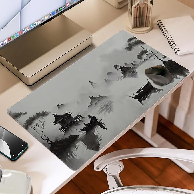 Sweet Jojo Designs Large Mouse Pad (Black and White Traditional Japanese) Desk Mat for Keyboard and Mouse Pads Gaming Mousepad Office Desk Accessories for Men &amp Women (Grey Asian Ink Wash Japa