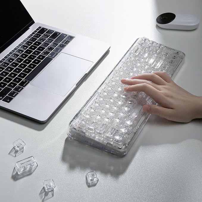 YUNZII X71 Wireless Hot Swappable Transparent Mechanical Keyboard with Clear Keycaps 68% Layout BT5.0/2.4G/USB-C Gasket Mount Wireless RGB Backlit for Windows/Mac(Crystal Ice SwitchWhite)