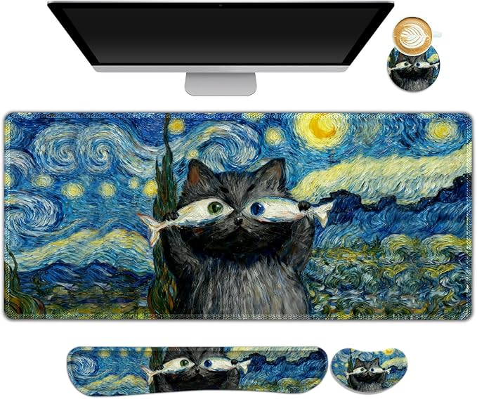 DINKY Keyboard Mouse Pad Set Large Gaming Mouse Pad +Keyboard Wrist Rest +Mousepad with Wrist Support+Coaster 4in1 Ergonomic Non-Slip Desk Pad Blue Starry Sky Cat Fish