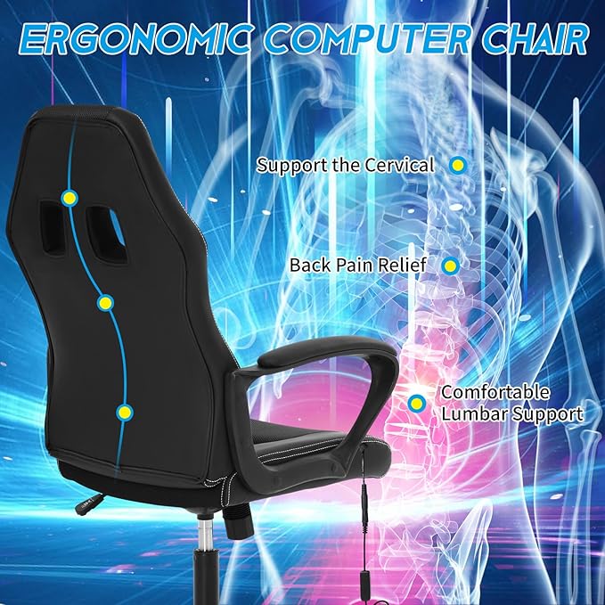 Video Gaming Chair with Massage Function Ergonomic Computer Desk Chairs Home Office Desk Chair with Lumbar Support Adjustable Height Swivel Wheels Black