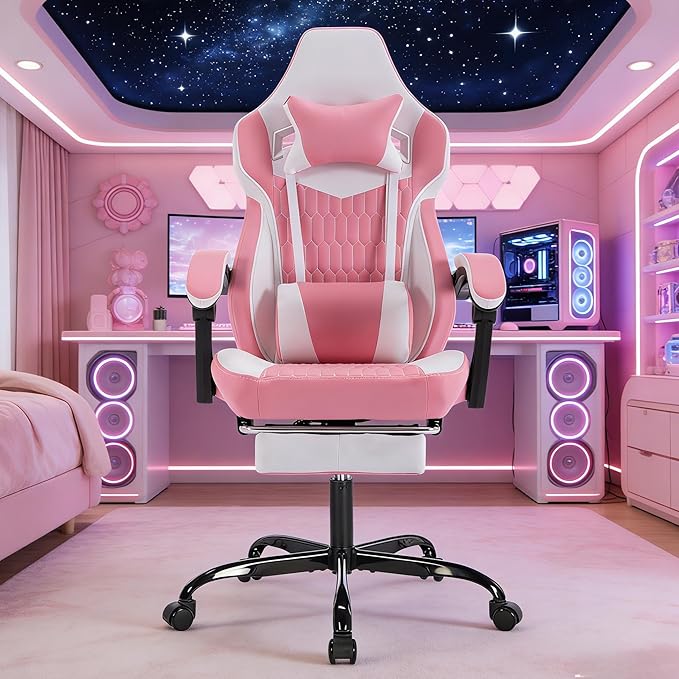 Gamer Chair Computer Chair Gaming with Adjustable Headrest Lumbar Support Ergonomic Rotatable Seat for Living Rooms Bedrooms and Offices (Pink)