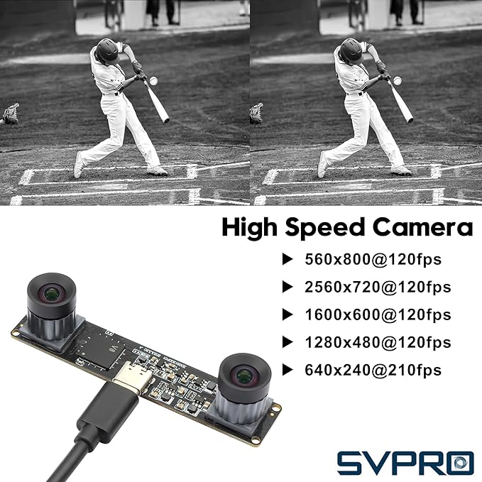 SVPRO 210fps Monochrome Global Shutter USB Camera Module - Dual Lens Synchronization - Black/White - 800P - Lightburn - OmniVision OV9281