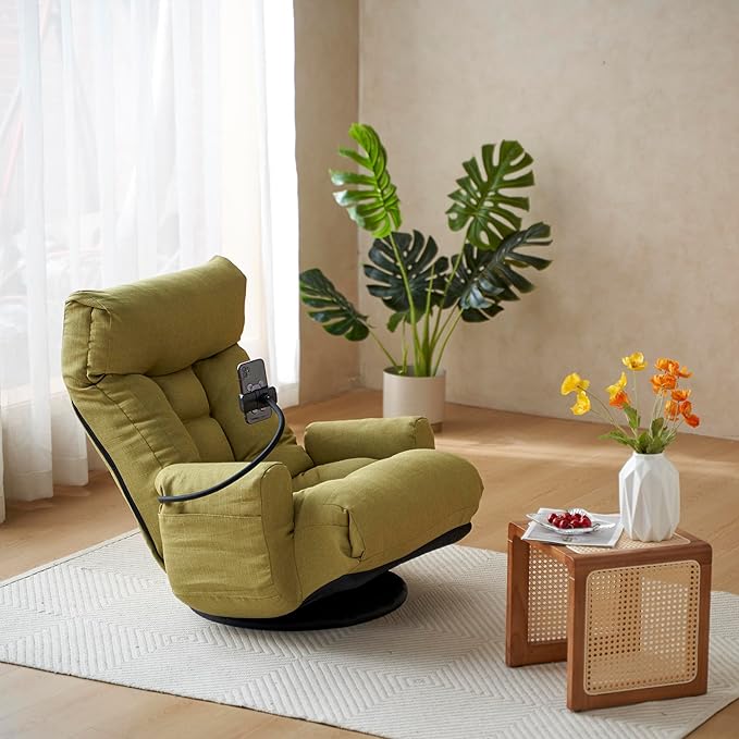 Gaming Lounge Chair Floor 360° Swivel Gaming Floor Chair Adjustable Phone Holder 5-Position w/Arms Foldable for Adults Living Room Dorm Rotatable Leisure Sofa Premium (Green)
