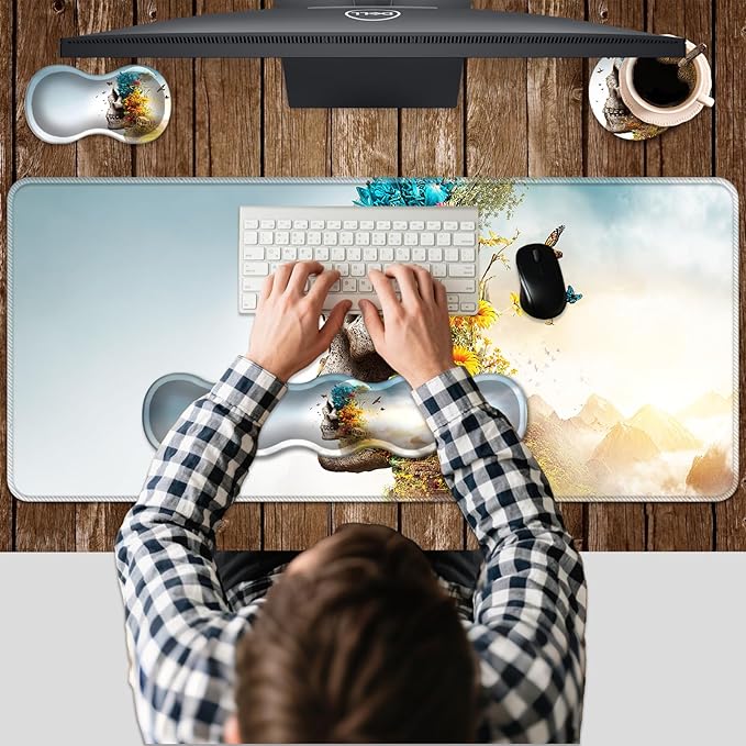 Ergonomic Keyboard Wrist Rest &amp Mouse Pad Wrist Rest SetXL Gaming Desk Mat 31.5x 11.8Non-Slip BaseMemory FoamEasy Typing Pain Relief for Office &amp HomeSkull with Tropical Jungle