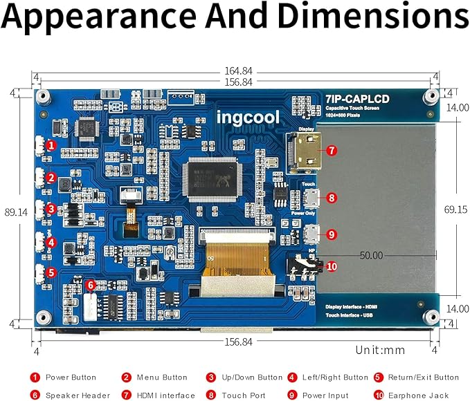7 inch Capacitive Touch Screen IPS Screen Display 1024x600 Resolution 7 HDMI LCD Module for Raspberry Pi Jetson Nano Developer Kit PC Supports Various Systems