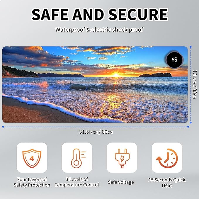 Heated Mouse Pad Hand Warmer Warm Desk Pad Mousepad Desk Mat with 3 Levels Heating and 3 Hours Auto Shut Down 31.5 x 13 inch PU Leather Warmer Keyboard Mat for Gaming Laptop Office Home Sandbeach