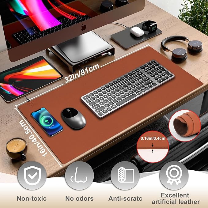 Desk Mat with Wireless Charging Brown Mouse Pad with Wireless Charger Desk Pad Matt for Desktop Mousepad Gaming Large Mouse Pad Leather Compute for Keyboard and Mouse 32 x 16