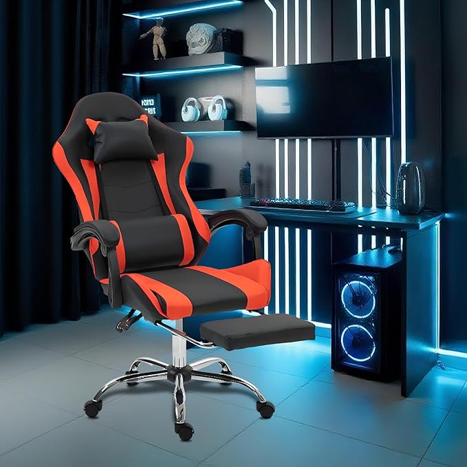 Massage Gaming Chair with FootrestErgonomic Video Game Chair for Adults Kids Adjustable Headrest &amp Lumbar Support 90-135° Recline 360° Swivel for Gaming Room Home Office Bedroom Red