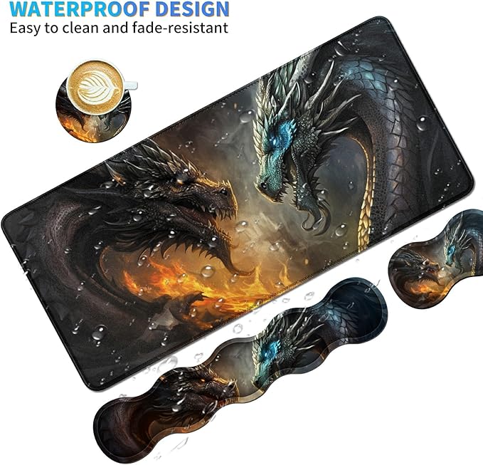 4Pcs Memory Foam Keyboard Mouse Wrist Rest Pad + Gaming Desk Mat 31.5 * 11.8 with Stitched Edges + Mouse Wrist Cushion + Coasters Non-Slip Desk Pad Protector for Laptop Desktop Flame Dragon