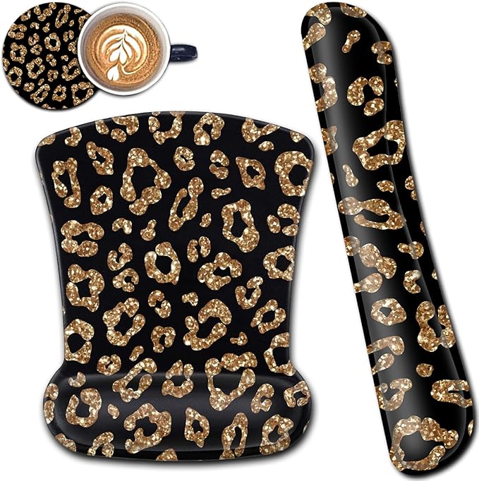 Ergonomic Black Mouse Pad Wrist Support and Memory Foam Keyboard Wrist Rest SetGel Mouse Mat with Non-Slip PU BaseKeyboard Palm Rest for Home Office Wireless Gaming Desk Pad Gold Glitter Leopard