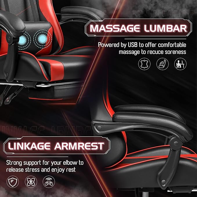 Homall Gaming Chair Video Game Chair with Footrest and Massage Lumbar Support Ergonomic Computer Chair Height Adjustable with Swivel Seat and Headrest (Red)
