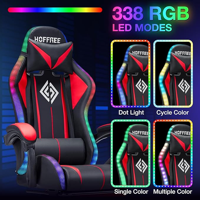 HOFFREE Gaming Chair Massage with LED RGB Lights and Footrest Ergonomic Computer Chair High Back Video Game Chair with Adjustable Lumbar Support Linkage Armrest Red and Black