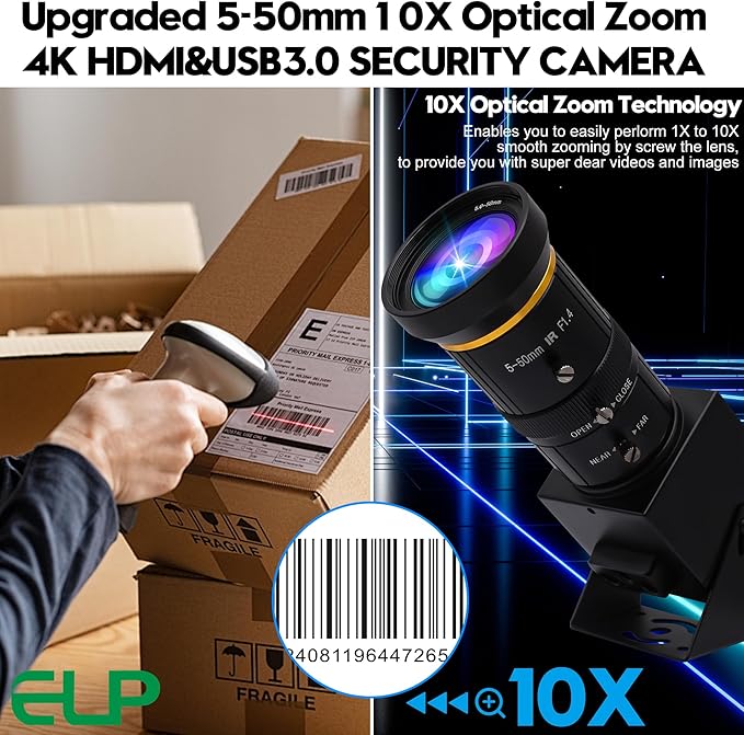 ELP 4K 60fps USB3.0 Webcam - HDMI &amp USB Output Dual Display Manual Zoom 10x Zoom High Speed H.264 5-50mm Lens