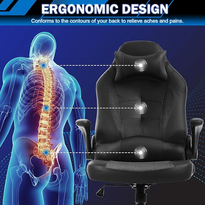 Gaming Chair Racing Chair with Lumbar Support - High Comfort PU Leather Ergonomic Office Desk &amp PC Gaming Chair for Adults Men Women - Flip-Up Arms &amp Headrest Black