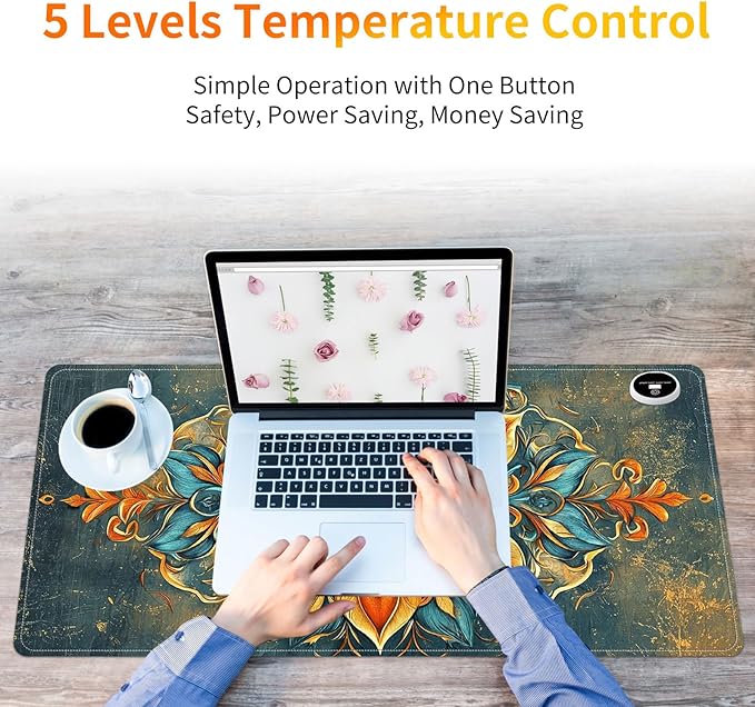 Heated Mouse Pad PU Leather Heated Desk Pad Fast Warm Desk mat with 3 Heating Levels 31.5 x 13 Mousepad for Home Office Gaming Mandala