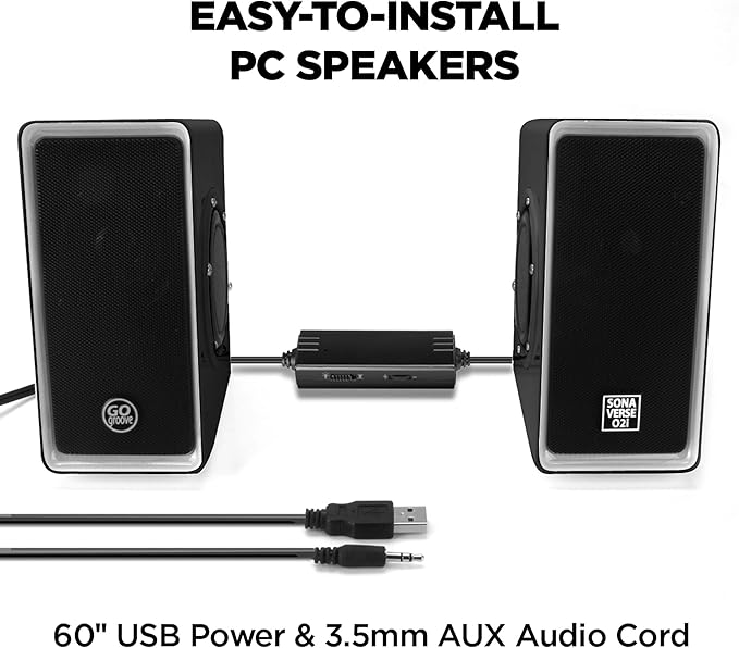 GOgroove Gaming Computer Speakers with Blue LED Light - SonaVERSE O2i Speakers for Desktop Laptop PC - USB Speaker 2.0 with AUX Input in-Line Volume Control Bass Stereo Sound 14W (Black)