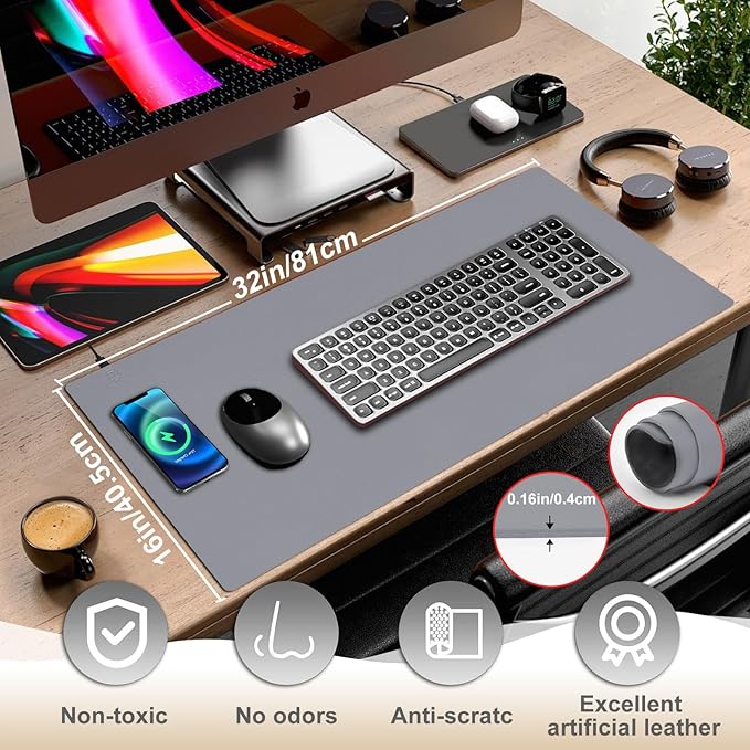 Desk Mat with Wireless Charging Grey Mouse Pad with Wireless Charger Desk Pad Matt for Desktop Mousepad Gaming Large Mouse Pad Leather Compute for Keyboard and Mouse 32 x 16