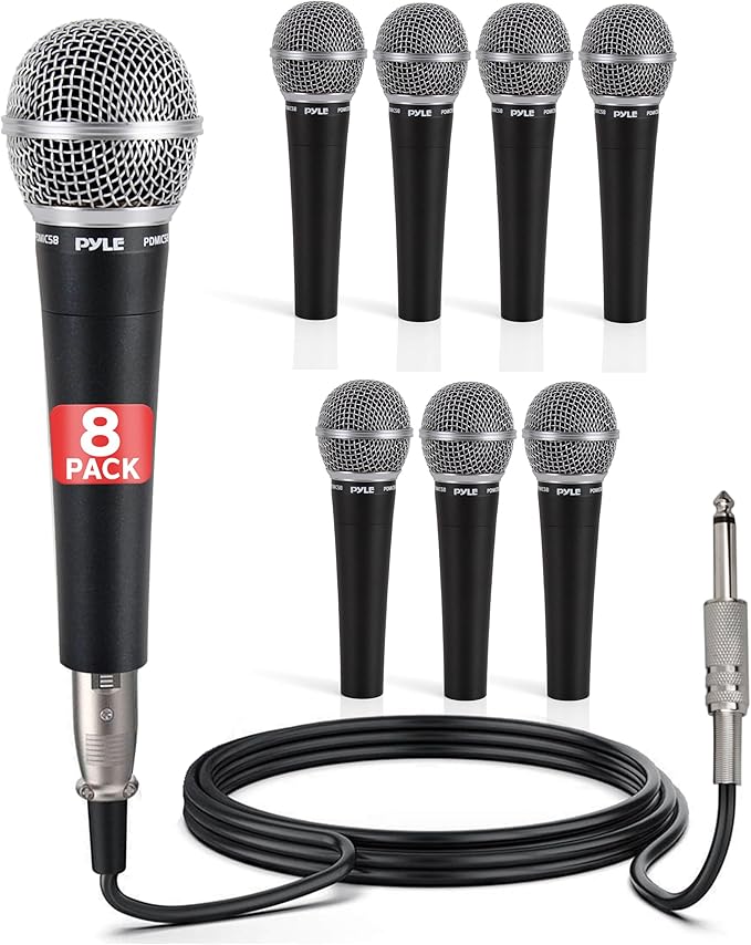 Pyle Professional Dynamic Microphone - 8-Pack Unidirectional Handheld Mic with Built-in Pop Filter High Signal Output 15 ft. XLR Audio Cable Ideal for Stage Karaoke &amp Studio Performances