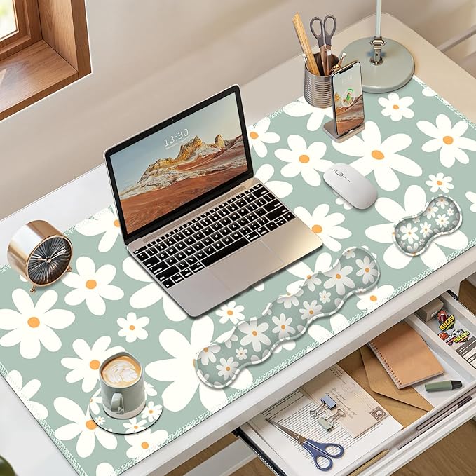 Desk Mat Gaming Mouse Pad Cute Desk Matt Keyboard Wrist Rest for Desktop Anti-Slip Big Mousepad Stitched Edges XXL Large Mouse Pad with Wrist Support for Home Office Computer I Morandi Daisy