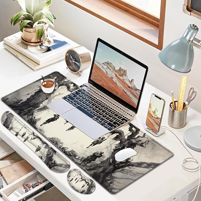 JVGFYNKL Large Gaming Mouse Pad Set Ergonomic Memory Foam Keyboard Wrist Rest Support + Mouse Wrist Rest + Extended Desk Mat with Non-Slip Rubber Base Skeleton Pattern Desk Pad