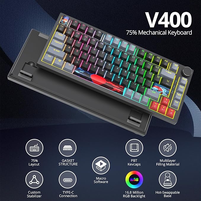 75% TKL Wired Mechanical KeyboardRGB Backlit Gasket Mount 82 Key Hot Swappable Custom Linear Red Switch Gaming Keyboard with Volume Knob &amp PBT Keycaps (82 Dark)